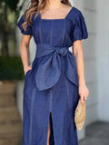 Plus Size Square Neck Short sleeve Loose Elegant Midi Dress